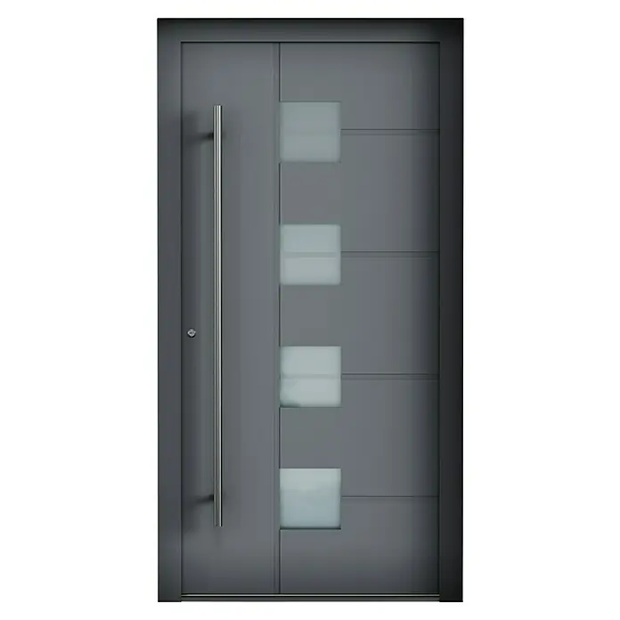 Aurelis Haustür BH 611 - 110 x 210 cm, DIN Anschlag: Links, Fenstergrau/Weiß - Moderne graue Haustür mit senkrechtem Griff und vier quadratischen Glaseinsätzen, die für einen stilvollen Eingangsbereich sorgt.