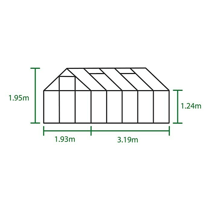 Halls Gewächshaus Popular 106 (3,19 x 1,93 x 1,95 m, Blankglas, Glasstärke: 3 mm, Grün)