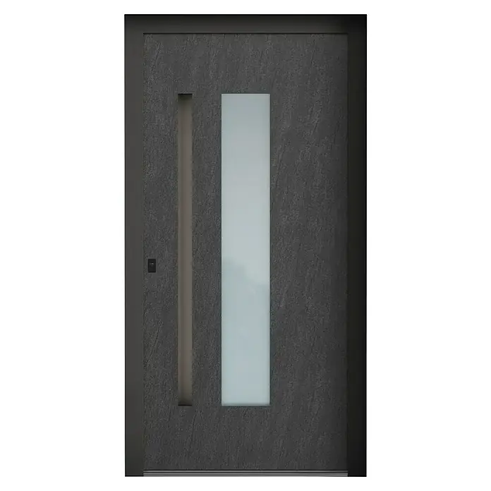Aurelis Haustür BH 109 - 110 x 210 cm, DIN Anschlag: Links, Keramik Black/Weiß - Elegante Eingangstür mit strukturiertem Grau und vertikalen Glaselementen, die ein modernes und einladendes Design bietet.