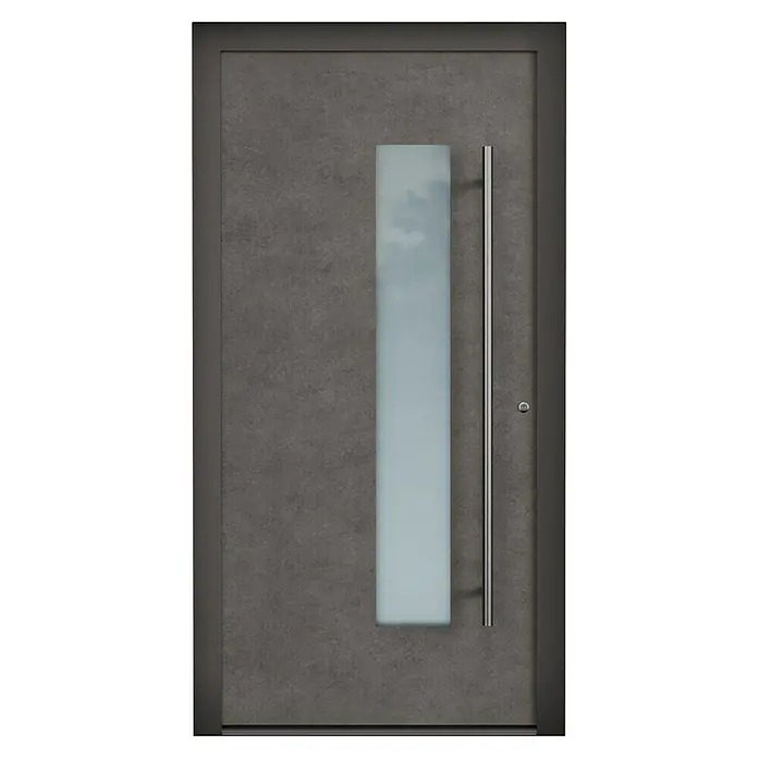Aurelis Haustür BH 119 - 110 x 210 cm, DIN Anschlag: Rechts, Keramik Piombo/Weiß - Moderne Haustür mit grauem Paneel, vertikalem Glaseinsatz und langem, schlankem Türgriff, die einladende Ästhetik und modernes Design vereint.