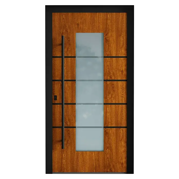 Aurelis Haustür BH 321 - 110 x 210 cm, DIN Anschlag: Links, Eiche dunkel Dekor/Weiß - Modernes Haustür-Design mit Holzeffekt, Glaseinsatz und langem Griff. Die dunklen Akzente verleihen der Tür einen eleganten Look.