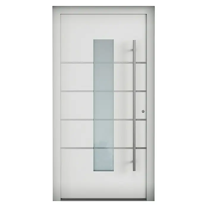 Aurelis Haustür BH 131 - 110 x 210 cm, DIN Anschlag: Rechts, Lichtgrau/Weiß - Eine moderne, weiße Haustür mit einem langen, vertikalen Griff und einem mittigen, vertikalen Glaselement für ein zeitgemäßes Design.