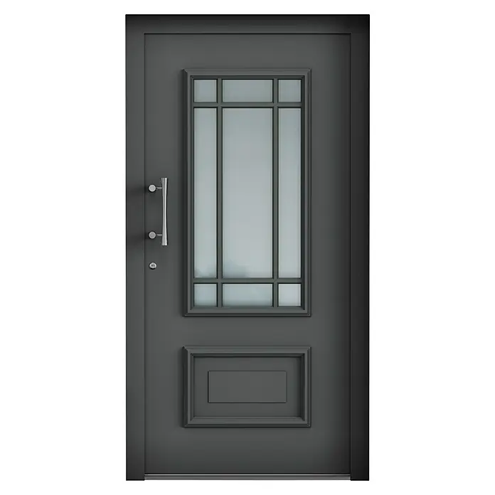 Aurelis Haustür BH 1011 - 110 x 210 cm, DIN Anschlag: Links, Eisengrau/Weiß - Graue Haustür mit Glaseinsatz und silbernem Türgriff. Stilvolles Design für einen einladenden Eingangsbereich, ideal für moderne Häuser.