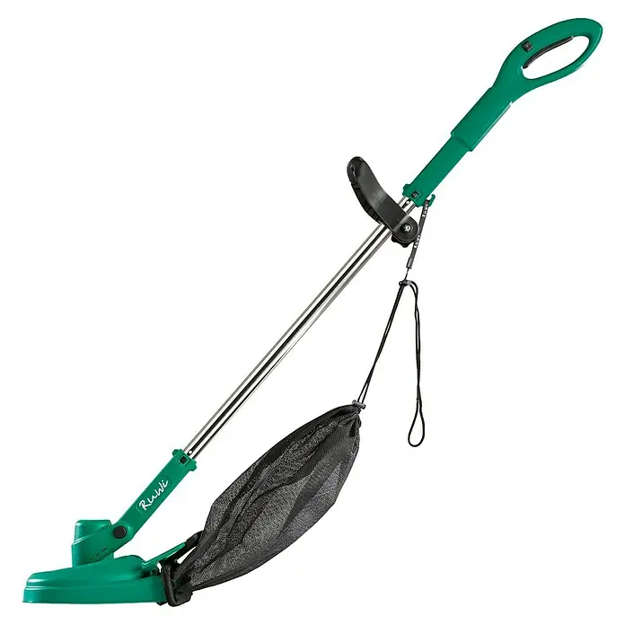 Ruwi Akku-Rasentrimmer inkl. Auffangbehälter - 12 V, Li-Ionen, 1 Akku, Schnittbreite Messer: 21 cm - Ein Rasenkantenschneider mit Teleskopstiel, ergonomischem Griff und einem praktischen Auffangsack für saubere Kanten.