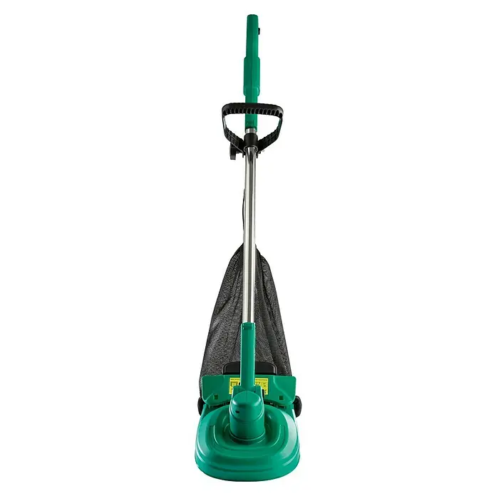Ruwi Akku-Rasentrimmer inkl. Auffangbehälter - 12 V, Li-Ionen, 1 Akku, Schnittbreite Messer: 21 cm - Abgebildeter Rasenmäher mit einem Grasfangkorb. Der Rasenmäher ist grün, hat einen Griff und eine silberne Stange.