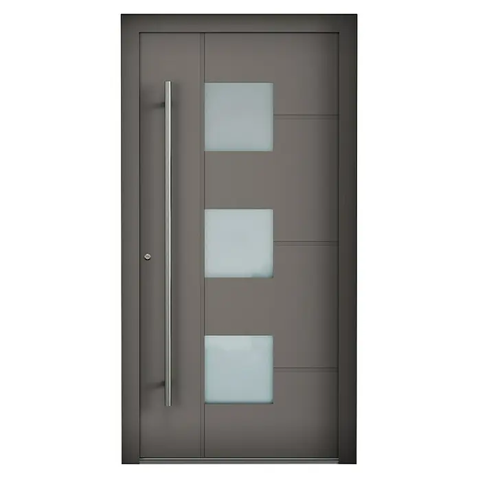 Aurelis Haustür BH 511 - 110 x 210 cm, DIN Anschlag: Links, Silbergrau/Weiß - Moderne Haustür mit drei quadratischen Glaseinsätzen und einem langen, silbernen Griff für ein stilvolles Erscheinungsbild.