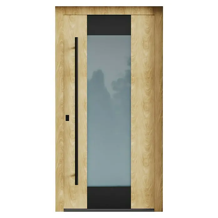 Aurelis Haustür BH 421 - 110 x 210 cm, DIN Anschlag: Links, Eiche hell Dekor/Weiß - Moderne Haustür mit Holzrahmen und Glaseinsatz. Das Design kombiniert natürliche Materialien mit modernen Akzenten für einen stilvollen Eingangsbereich.