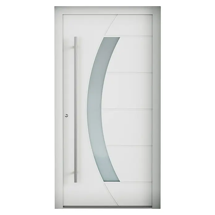 Aurelis Haustür BH 711 - 110 x 210 cm, DIN Anschlag: Links, Lichtgrau/Weiß - Elegante weiße Haustür mit modernem Design, inklusive gebogener Glaseinsatz und einem langen, schlanken Türgriff.