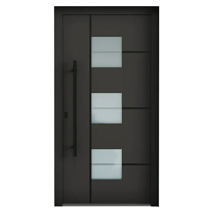 Aurelis Haustür BH 521 - 110 x 210 cm, DIN Anschlag: Links, Graphitgrau/Weiß - Elegante Eingangstür mit modernem Design, dunklem Rahmen und drei rechteckigen Glaseinsätzen für einen stilvollen Eingangsbereich.