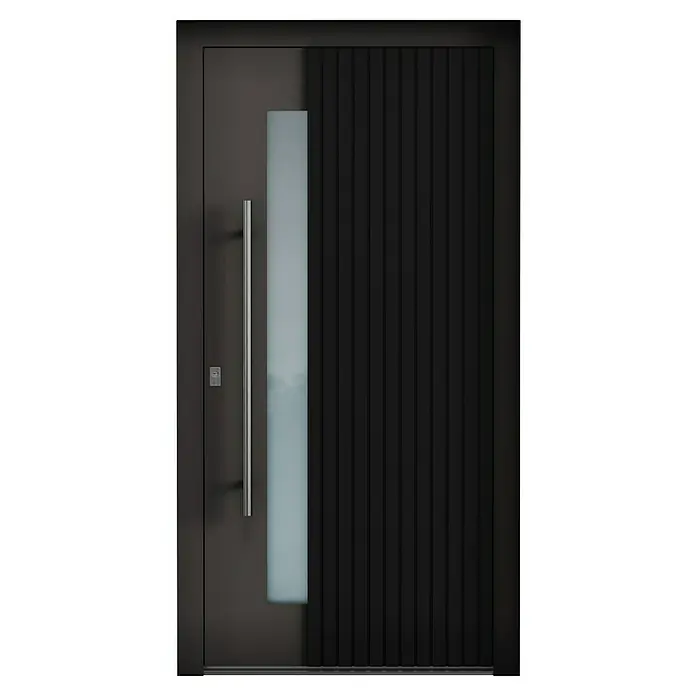 Aurelis Haustür BH 1111 - 110 x 210 cm, DIN Anschlag: Links, Silbergrau/Weiß - Eine moderne Haustür in dunklem Anthrazit mit vertikalen Akzenten und einem schmalen, transluzenten Glaselement.