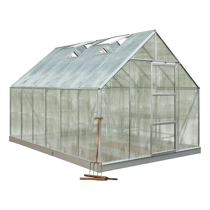 Halls Gewächshaus Universal 128 - Außenmaß inkl. Dachüberstand (B x T): 257 x 384 cm, Material Seitenwand: Kunststoff, 6 mm, Silbergrau - Ein großes Gewächshaus mit einer Tür und Oberlichtern im Dach für optimale Pflanzenzucht.