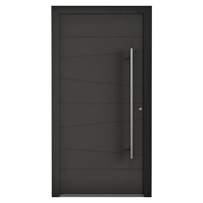 Aurelis Haustür BH 901 - 110 x 210 cm, DIN Anschlag: Rechts, Graphitgrau/Weiß - Elegante, graue Haustür mit horizontalen Linien und einem langen, senkrechten Griff. Perfekt für einen modernen Eingangsbereich.