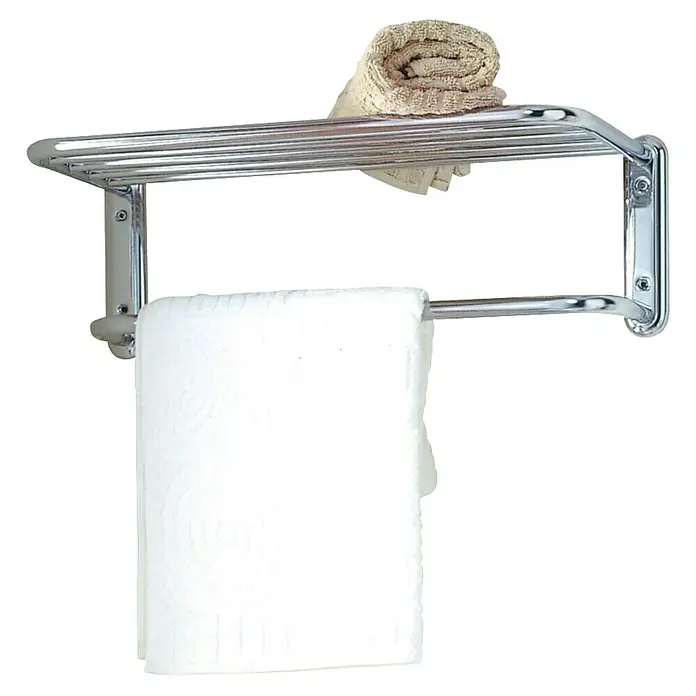 Bath Stage Estante para baño B-451 - L x An x Al: 21 x 475 x 165 cm, Cromo - Un toallero cromado con dos toallas, una enrollada encima y otra colgando debajo.