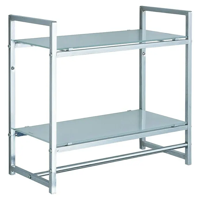 Bath Stage Toallero con estante B-475 - Ancho: 42 cm, Cromo - Primer plano de una moderna estantería de vidrio de dos niveles con marco de metal plateado, que muestra su diseño elegante y almacenamiento práctico.