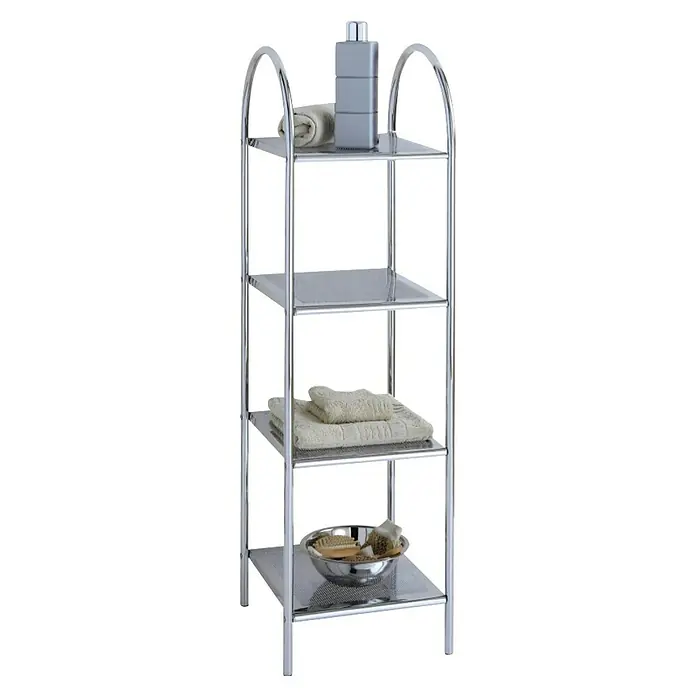 Bath Stage Estantería de baño B-456 - L x An x Al: 34 x 36 x 115 cm, 4 estantes, Cromo - Imagen de una estantería con marco cromado que muestra toallas, jabones y artículos básicos para el baño, ideal para la organización del baño.