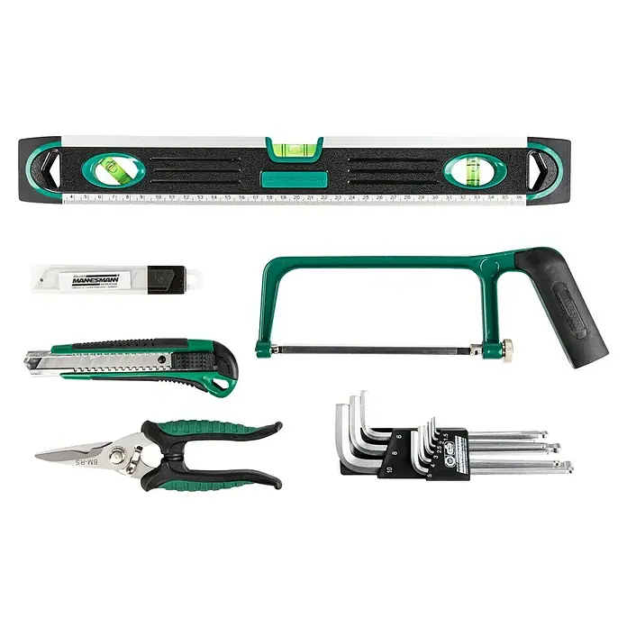 Brüder Mannesmann Werkzeugkoffer Green Line - 160 -tlg. - Werkzeugset mit Wasserwaage, Cuttermesser, Metallsäge, Schere & Inbusschlüsseln für Heimwerker und Profis.