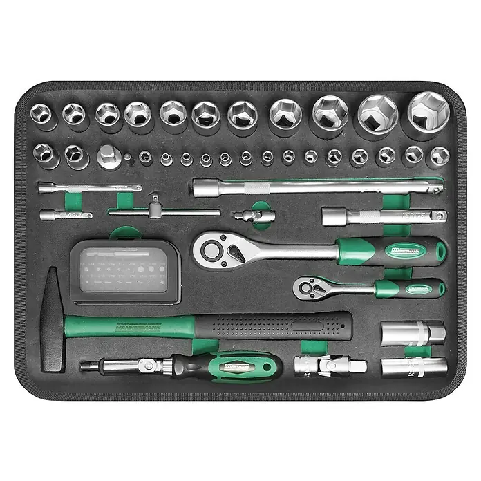 Brüder Mannesmann Werkzeugkoffer Green Line - 189 -tlg. - Werkzeugkoffer mit diversen Steckschlüsseln, Verlängerungen, Schraubendreher, Hammer und Bits, ideal für Reparaturen.