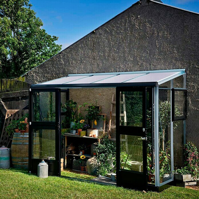 Juliana Gewächshaus Veranda (1,49 x 2,96 x 2,31 m, Sicherheitsglas, Glasstärke: 3 mm, Silber)