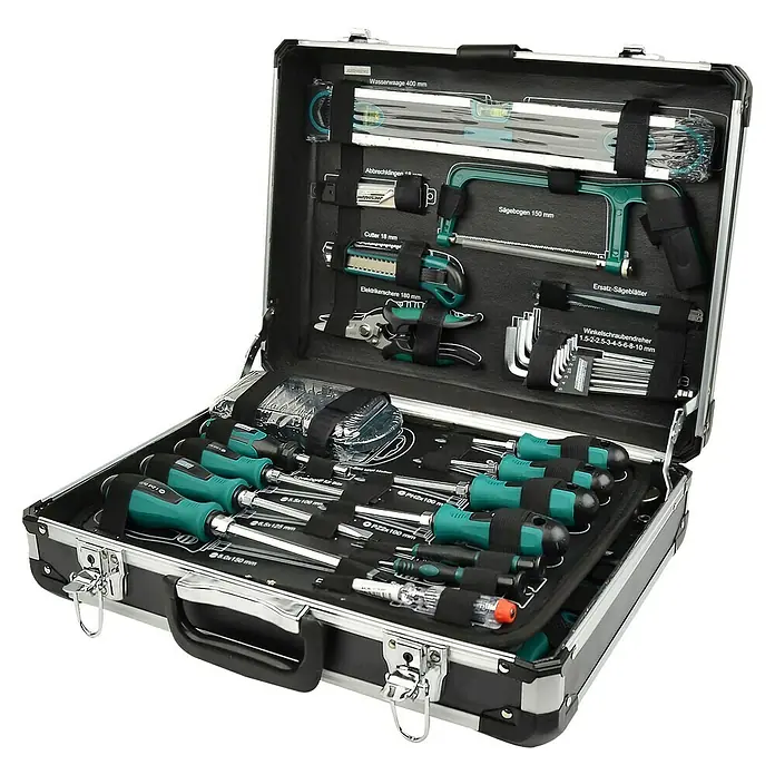 Brüder Mannesmann Maletín de herramientas Green Line - 160 pzs. - Maletín de herramientas con diversas herramientas como destornilladores, alicates, sierras y llaves Allen, ideal para artesanos y bricoladores.