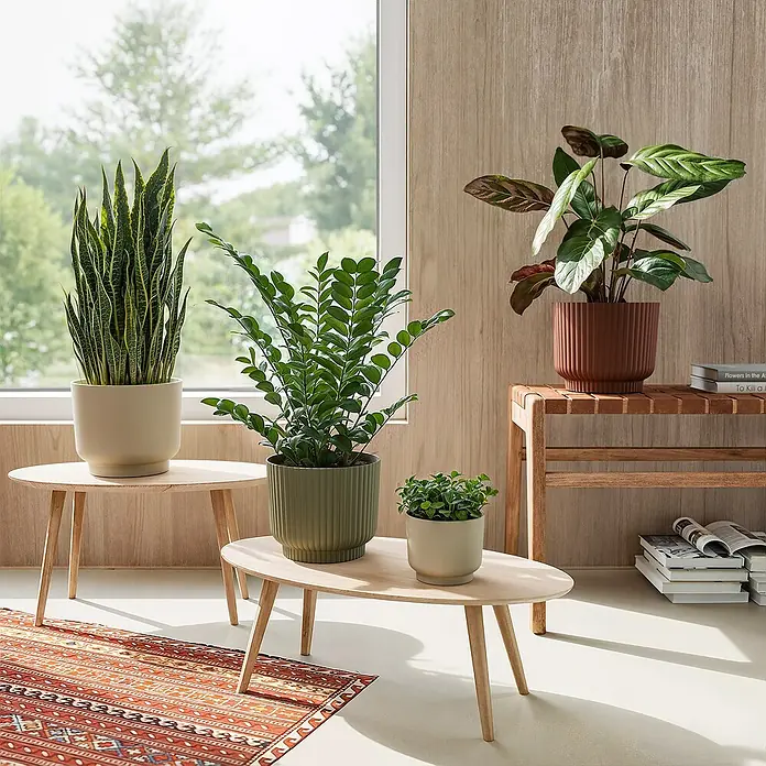 Artevasi Übertopf rund Miami Wavy - Außenmaß (Ø x H): 12,5 x 10,5 cm, Kunststoff, Cream, Matt - Zimmerpflanzen-Arrangement mit Sansevieria, Zamioculcas und Calathea in stilvollen Übertöpfen auf Holztischen und einer Bank.