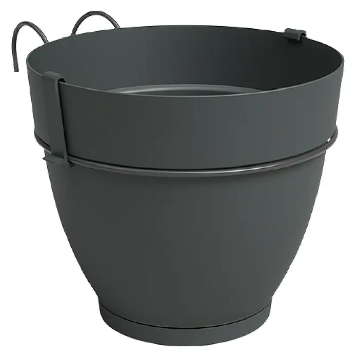 Artevasi Capri Campana Geländertopf Set - Außenmaß (Ø x H): 20 x 19,5 cm, Kunststoff, Anthrazit, Matt - Nahaufnahme eines grauen Pflanzgefäßes mit Aufhängevorrichtung, ideal für die stilvolle Gartengestaltung. Das Gefäß ist robust und wetterfest.