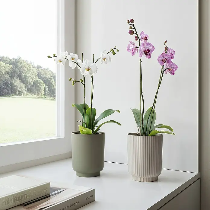 Artevasi Übertopf Miami Orchid - Außenmaß (Ø x H): 12,7 x 15,8 cm, Kunststoff, Light Pink, Matt - Zwei Orchideen in modernen Töpfen auf einem Fensterbrett. Die Orchideen sind weiß und lila und stehen in stilvollen Gefäßen.