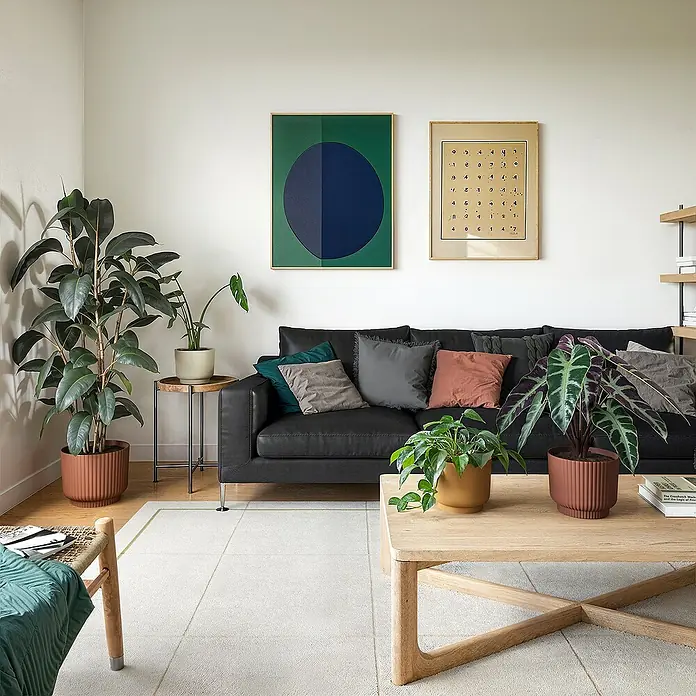 Artevasi Übertopf rund Miami Wavy - Außenmaß (Ø x H): 12,5 x 10,5 cm, Kunststoff, Cream, Matt - Wohnzimmer mit Sofa, Couchtisch und Zimmerpflanzen in Töpfen. Dekorative Kissen auf dem Sofa und zwei gerahmte Bilder an der Wand.