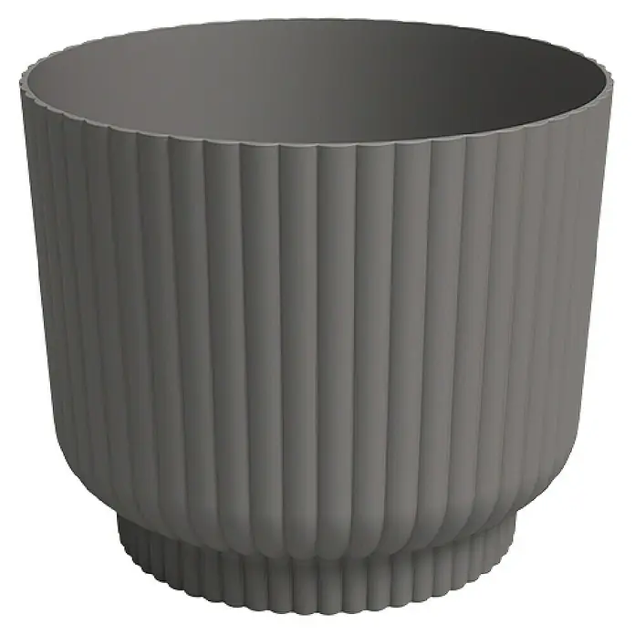 Artevasi Übertopf rund Miami Wavy - Außenmaß (Ø x H): 15,4 x 13 cm, Kunststoff, Anthrazit, Matt - Abbildung eines grauen, geriffelten Blumentopfs. Das Gefäß ist zylindrisch mit einem leicht ausgestellten Fuß und einer markanten, vertikalen Rippenstruktur.