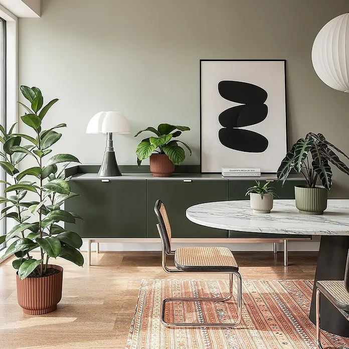 Artevasi Übertopf rund Miami Wavy - Außenmaß (Ø x H): 12,5 x 10,5 cm, Kunststoff, Cream, Matt - Zimmer mit einem Esstisch mit Marmorplatte, Stühlen mit Rohrgeflecht und einem grünen Sideboard mit Pflanzen und Lampe.