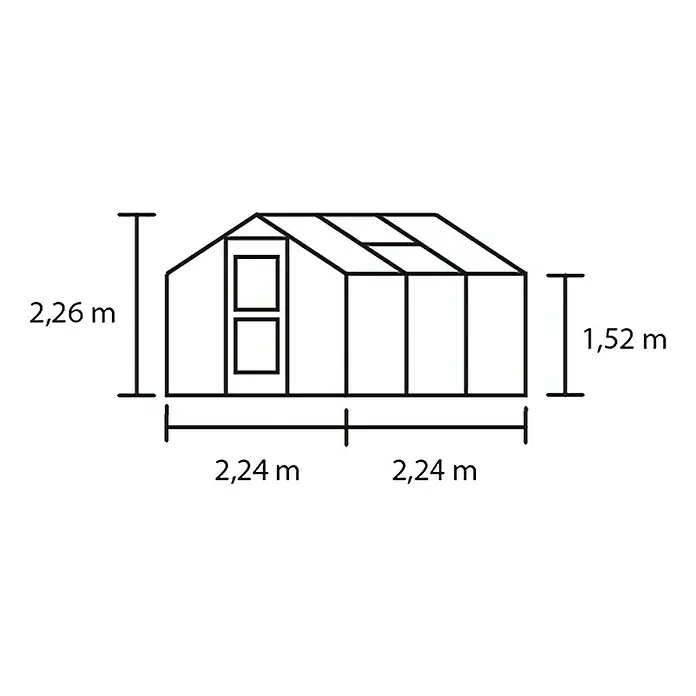 Juliana Gewächshaus Compact - Außenmaß inkl. Dachüberstand (B x T): 224 x 224 cm, Material Seitenwand: Glas, 3 mm, Silber/Schwarz - Abbildung eines Gewächshauses mit den Maßen 2,26 m Höhe, 1,52 m Seitenhöhe und 2,24 m Breite pro Seite.