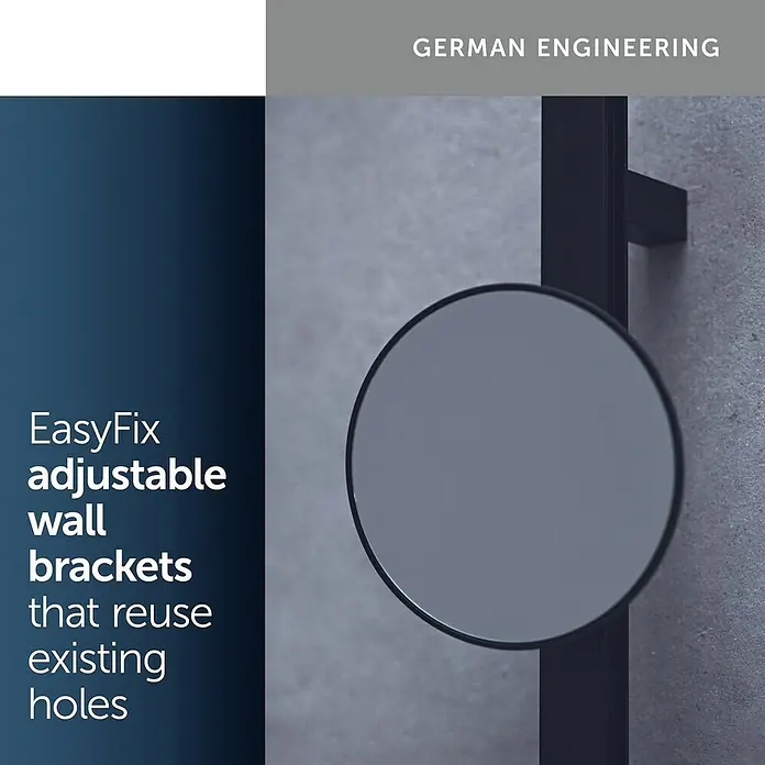 Ideal Standard Kosmetikspiegel Beauty Bar - 31 x 71,7 cm, Durchmesser: 20,5 cm, Rund, Schwarz - Abgebildet sind EasyFix verstellbare Wandhalterungen, die vorhandene Löcher wiederverwenden. Deutsches Engineering für einfache Montage.