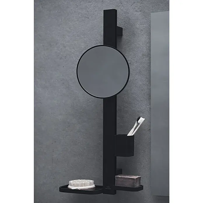 Ideal Standard Kosmetikspiegel Beauty Bar - 31 x 71,7 cm, Durchmesser: 20,5 cm, Rund, Schwarz - Badezimmer-Accessoire: Schwarzer Wandhalter mit Spiegel, Ablagen für Zahnbürste, Seife und Bürste. Praktisch und stilvoll fürs Bad.