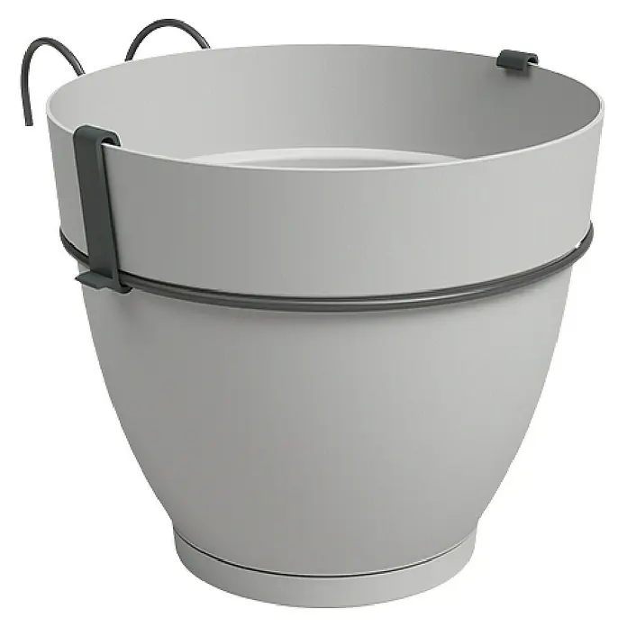 Artevasi Capri Campana Geländertopf Set - Außenmaß (Ø x H): 20 x 19,5 cm, Kunststoff, Grau, Matt - Grauer Hängetopf mit grauem Metallbügel zur Aufhängung, ideal für Balkon oder Terrasse, für schöne Blumenarrangements.