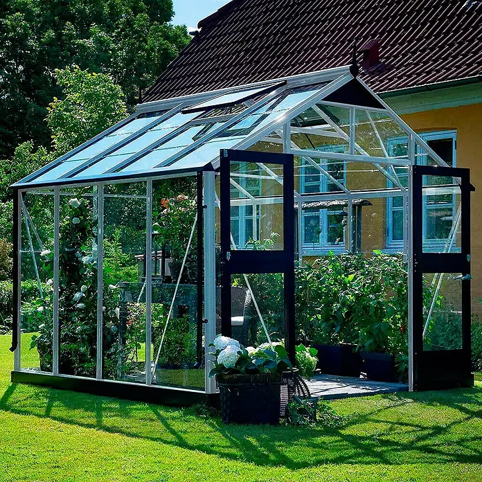 Juliana Gewächshaus Premium - Außenmaß inkl. Dachüberstand (B x T): 296 x 296 cm, Material Seitenwand: Glas, 3 mm, Silber/Schwarz - Nahaufnahme eines Gewächshauses mit Pflanzen im Inneren. Die Tür ist offen und es befindet sich ein Korb mit Blumen davor.