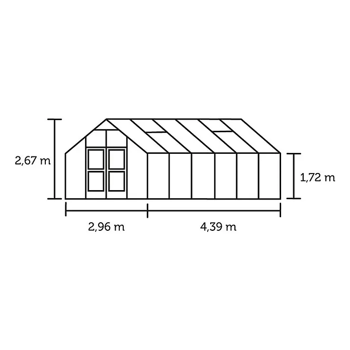 Juliana Gewächshaus Premium - Außenmaß inkl. Dachüberstand (B x T): 296 x 439 cm, Material Seitenwand: Glas, 3 mm, Anthrazit/Schwarz - Schemazeichnung eines Gewächshauses mit Höhen- und Breitenangaben in Metern. Das Gewächshaus hat eine Höhe von 2,67 m und eine Länge von 7,35 m.