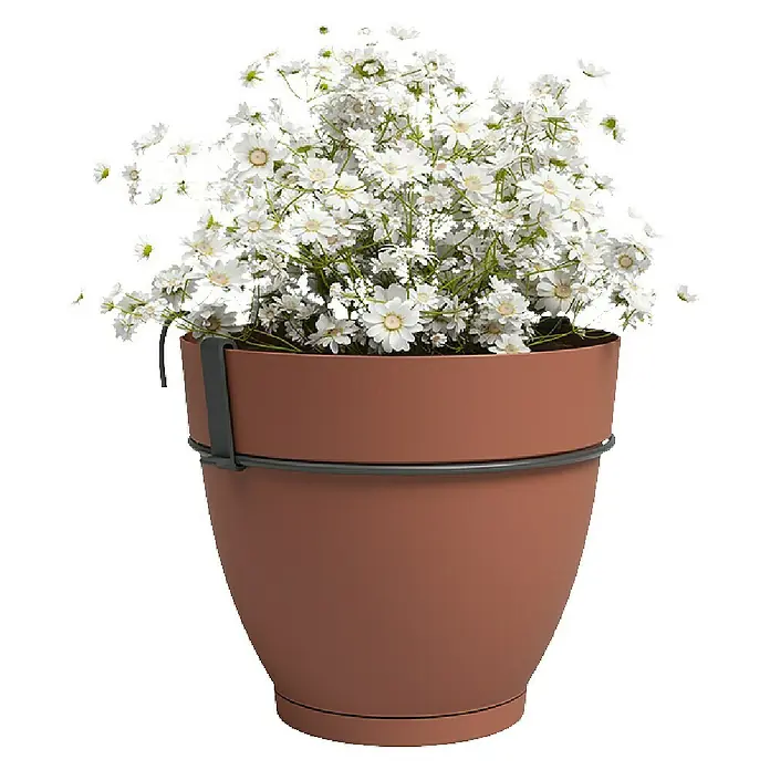 Artevasi Capri Campana Geländertopf Set - Außenmaß (Ø x H): 20 x 19,5 cm, Kunststoff, Terrakotta, Matt - Blumentopf mit weißen Gänseblümchen, ideal für den Balkon. Das schlichte Design fügt sich nahtlos in jede Umgebung ein.