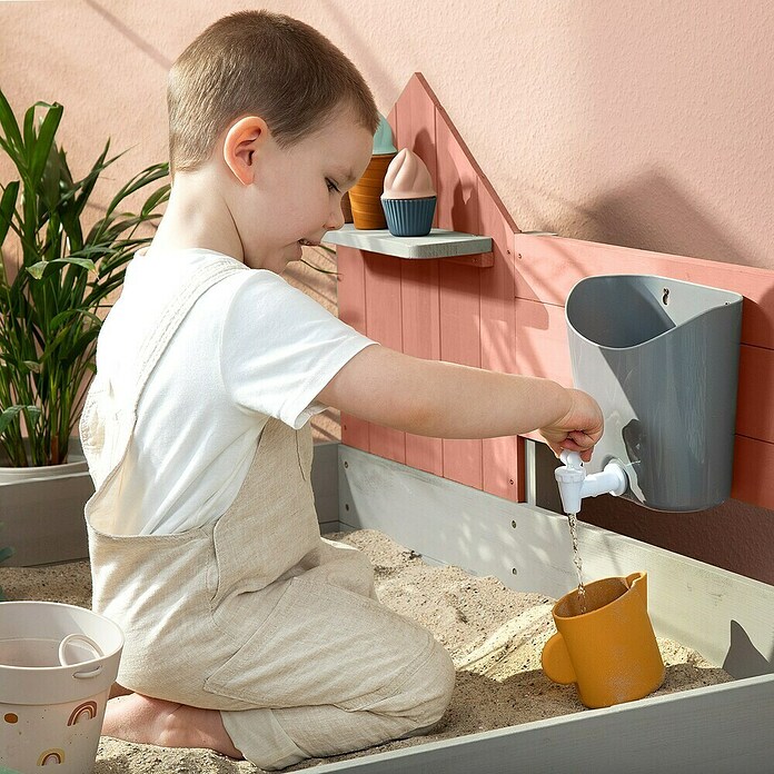 Muddy Buddy Sandkasten Cozy House (100 x 100 x 60 cm, Holz, Warmgrau/Puderrosa) | BAUHAUS
