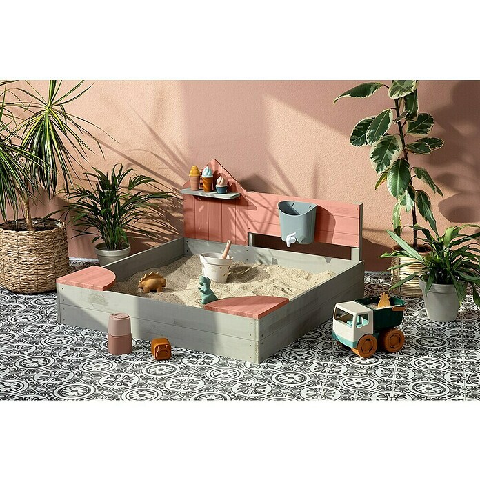 Muddy Buddy Sandkasten Cozy House (100 x 100 x 60 cm, Holz, Warmgrau/Puderrosa) | BAUHAUS