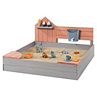 Muddy Buddy Sandkasten Cozy House (100 x 100 x 60 cm, Holz, Warmgrau/Puderrosa)