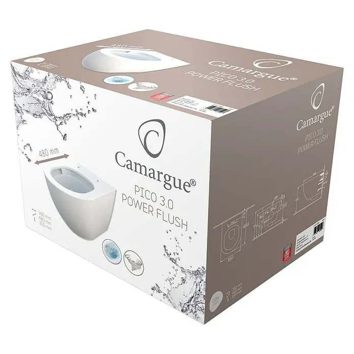 Camargue Pico Wand-WC 3.0 - Spülrandlos, Ohne Spezialglasur, Spülform: Tief, WC Abgang: Waagerecht, Weiß - Ein Verpackungskarton für ein Camargue Pico 3.0 Power Flush Wand-WC. Perfekt für moderne Badezimmer mit effizienter Spültechnologie.