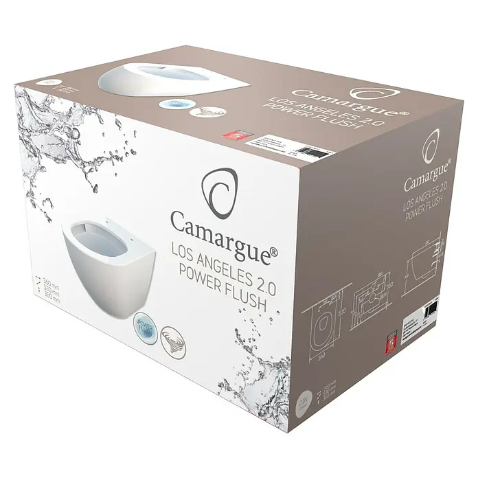 Camargue Los Angeles Wand-WC 2.0 - Spülrandlos, Ohne Spezialglasur, Spülform: Tief, WC Abgang: Waagerecht, Weiß - Eine Verpackung der Camargue Los Angeles 2.0 Power Flush Toilette, die modernes Design und leistungsstarke Spültechnologie vereint.