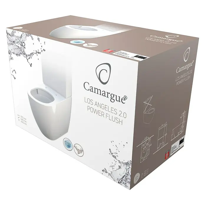 Camargue Los Angeles Stand-WC für Kombination 2.0 - Spülrandlos, WC Abgang: Waagerecht, Weiß - Karton mit der Aufschrift "Camargue Los Angeles 2.0 Power Flush". Das Produkt ist eine moderne, weisse Toilette.