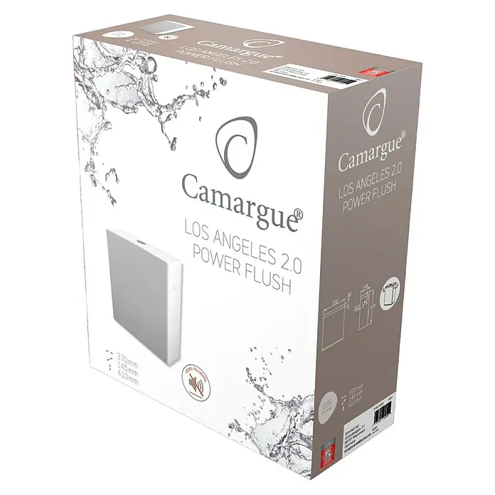 Camargue Los Angeles Spülkasten 2.0 - Ohne Spezialglasur, Keramik, Weiß, 14,5 x 37 x 41 cm - Produktverpackung der Camargue Los Angeles 2.0 Power Flush mit Produktbild und technischen Zeichnungen.
