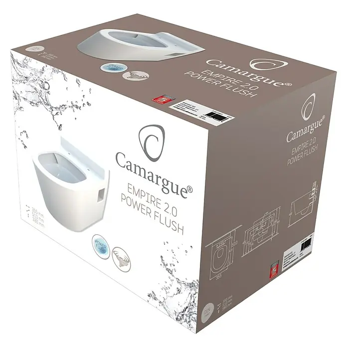 Camargue Empire Wand-WC 2.0 - Spülrandlos, Ohne Spezialglasur, Spülform: Tief, WC Abgang: Waagerecht, Weiß - Bild einer Verpackung für eine Camargue Empire 2.0 Power Flush Toilette, mit Produktbildern und technischen Zeichnungen aufgedruckt.