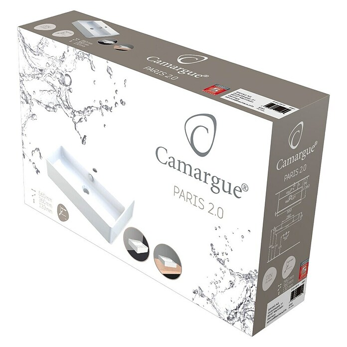Camargue Paris Umivalnik 2.0  (Š x Do: 56 x 36 cm, Brez posebne glazure, Odprtina za armaturo: Sredina, S prelivom, Bela) | 3940 - Waschtische QM | DBBB - Keramik QM | DBB - Keramik | DB - Keramik/Wannen | D - Sanitär | BAUHAUS