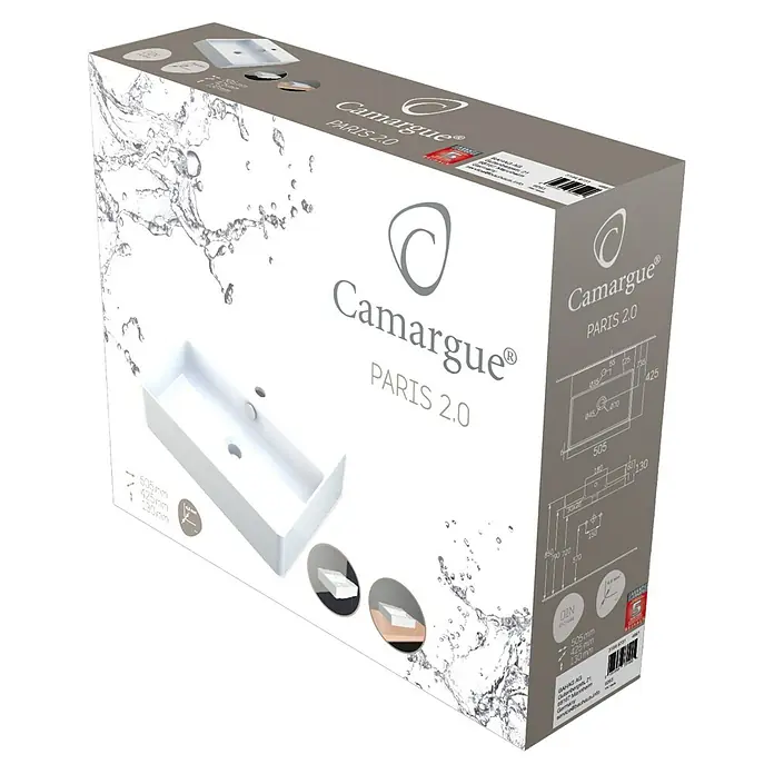 Camargue Paris Waschtisch 2.0 - B x L: 50,5 x 42,5 cm, Ohne Spezialglasur, Hahnloch: Mitte, Mit Überlauf, Weiß - Verpackung des Camargue Paris 2.0 Waschbeckens mit Abmessungen und Montageanleitung. Modernes Design für jedes Badezimmer.