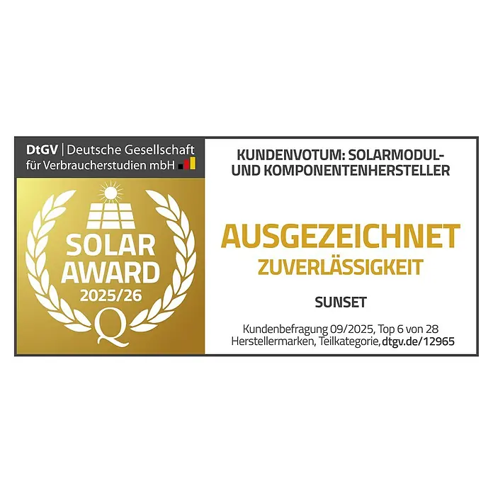 Windgenerator - Max. Leistung: 483 W, 12 V - Auszeichnung für SUNSET Solarmodule: Solar Award 2025/26 für Zuverlässigkeit, verliehen von der Deutschen Gesellschaft für Verbraucherstudien.