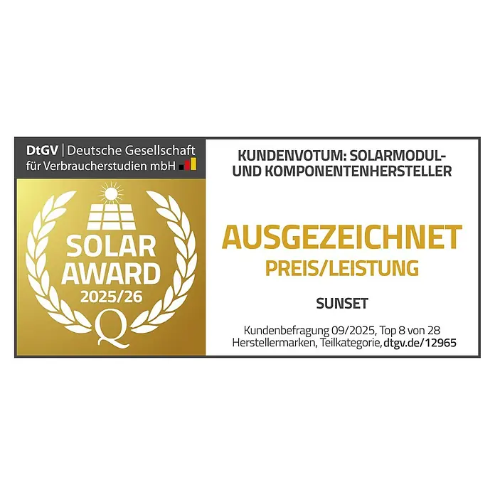 Windgenerator - Max. Leistung: 483 W, 12 V - Auszeichnung für Sunset Solarmodule: Solar Award 2025/26 für Preis/Leistung, verliehen von der Deutschen Gesellschaft für Verbraucherstudien.