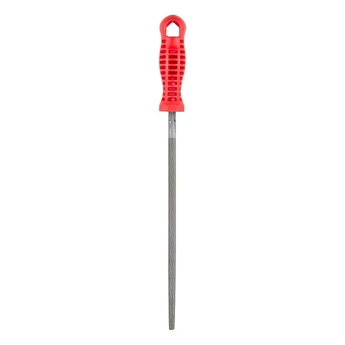 Wisent Rundfeile - Hieb: 2/Mittel, Länge Feilenblatt: 250 mm - Nahaufnahme einer Schlüsselfeile mit rotem Griff, die sich ideal für präzise Metallarbeiten und Feinanpassungen eignet.