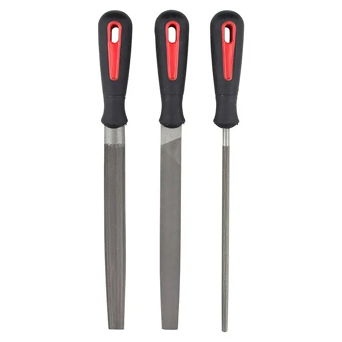 Alpha Tools Feilen-Set - 3 -tlg., Geeignet für: Metall, Hieb: 2/Mittel, Länge Feilenblatt: 200 mm - Abbildung von drei Metallfeilen mit roten und schwarzen Griffen in verschiedenen Formen. Zum präzisen Bearbeiten von Metalloberflächen.